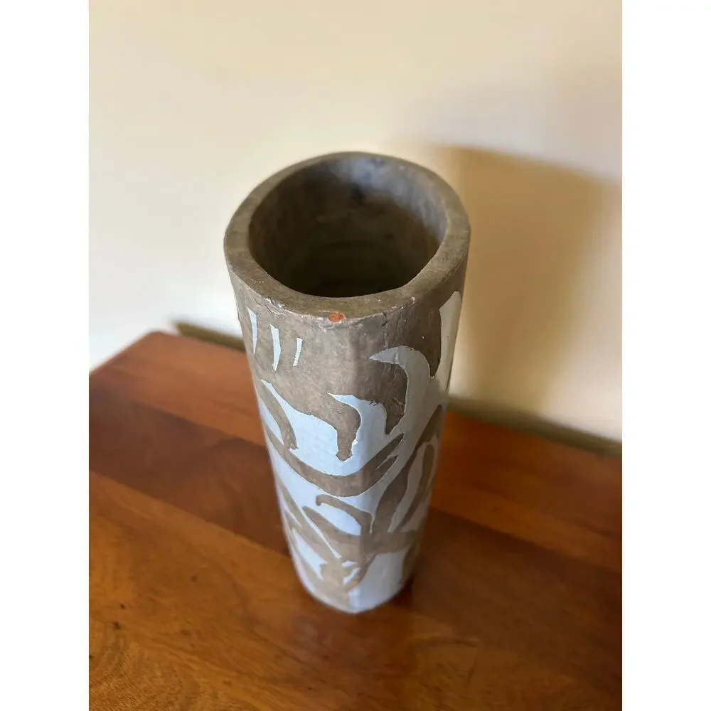Vintage Sgraffito-style Ceramic Vase Blue Gray Leaf Floral Pattern